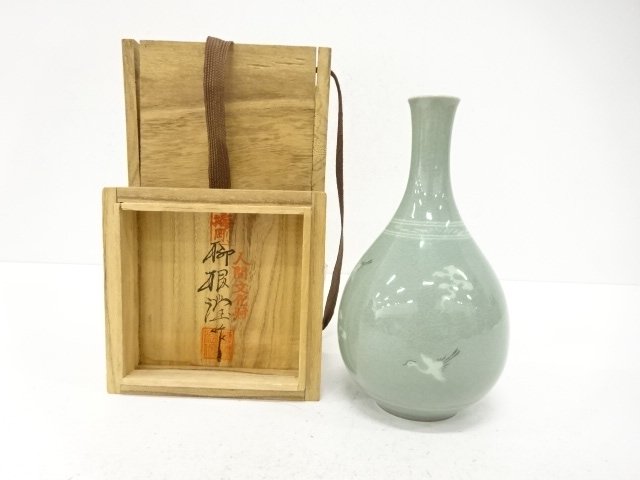 韓国人間文化財　柳海剛造　高麗青磁　雲鶴　花瓶